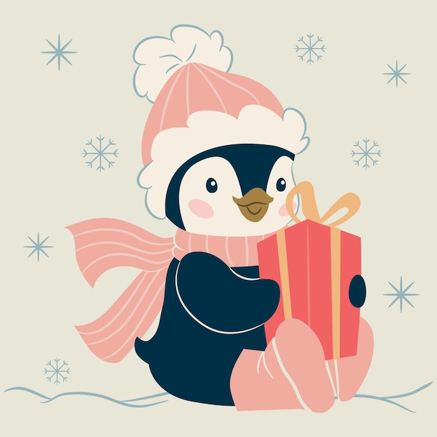 Carácter de pingüino de Navidad. Ilustración de vector lindo pingüino