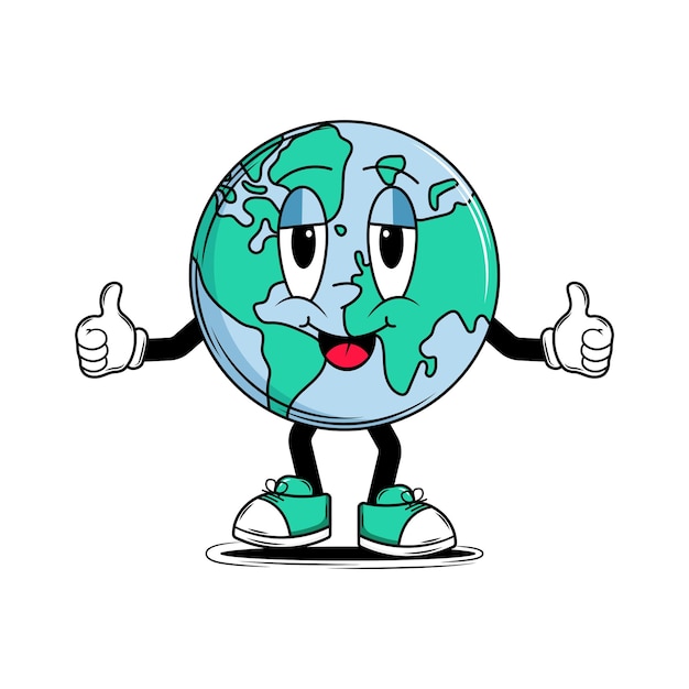 Caracter Planeta Tierra pegatina en estilo groovy Feliz mascota retro lindo Fondo blanco Arte vectorial