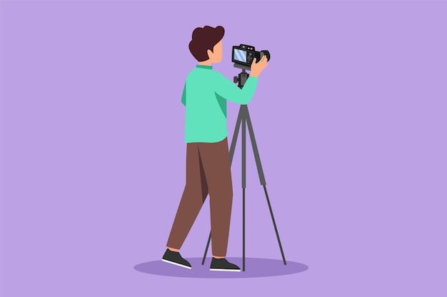 Caracter plano dibujando vista trasera de fotógrafo masculino con cámara en trípode Foto de estudio Fotógrafo profesional tomando fotos Imágenes Logotipo de icono de fotografía Ilustración vectorial de diseño de dibujos animados