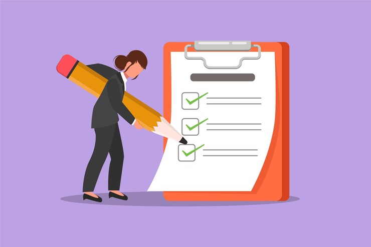 Vector carácter plano dibujo atractivo y belleza empresaria marca lista de verificación con lápiz persona finalización tarea comercial meta logros planificación programación concepto dibujos animados diseño vector ilustración