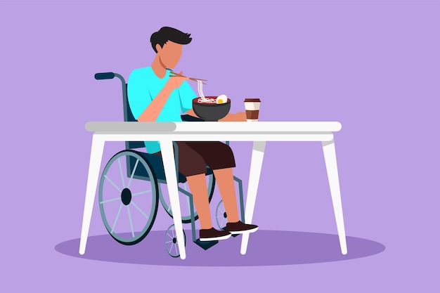 Carácter plano dibujo joven paciente masculino en silla de ruedas comiendo ramen o fideos y sentado en la mesa Almorzando merienda en café Sociedad y personas discapacitadas Diseño de dibujos animados ilustración vectorial