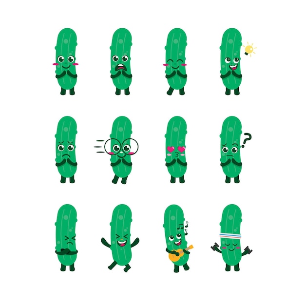 Carácter plano de Kawaii Cute Pickle Mascot