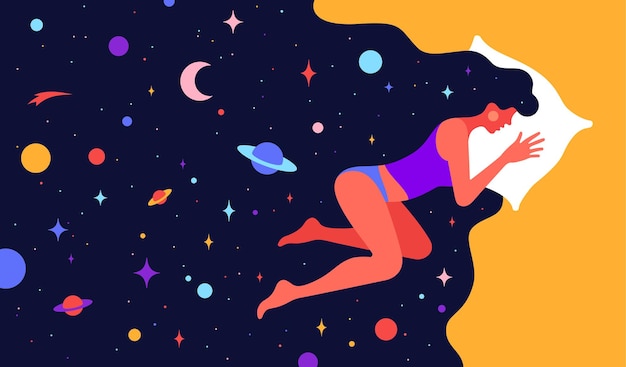 Carácter plano moderno. Mujer con universo de ensueño. Carácter simple de mujer durmiendo en la cama con la noche estrellada del universo en el cabello. Carácter de mujer en sueño. Concepto en gráfico plano. Ilustración vectorial