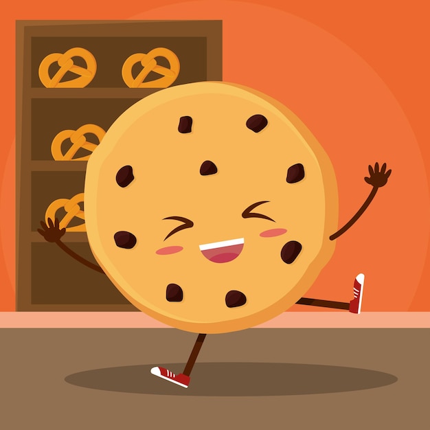 Carácter de producto de panadería de galleta con chispas de chocolate lindo aislado ilustración vectorial