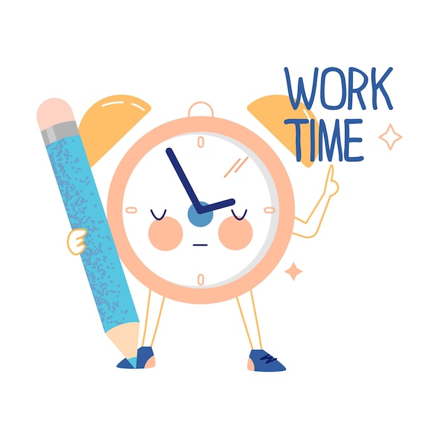 Carácter de reloj gracioso con lápiz apuntando al trabajo Ilustración vectorial de tiempo