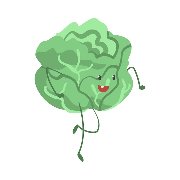 Carácter de repollo verde gracioso bailando moviendo las manos y las piernas Ilustración vectorial