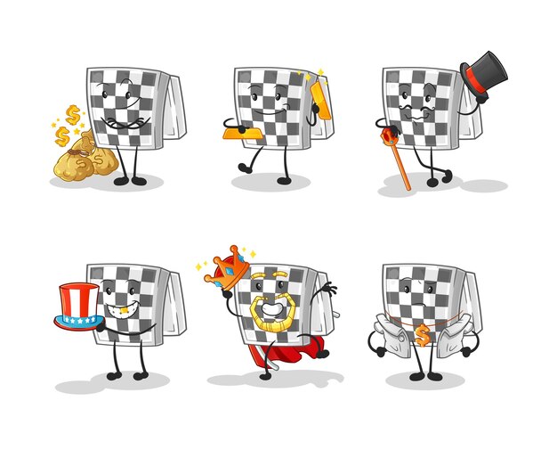 Carácter rico en tablero de ajedrez. vector de mascota de dibujos animados
