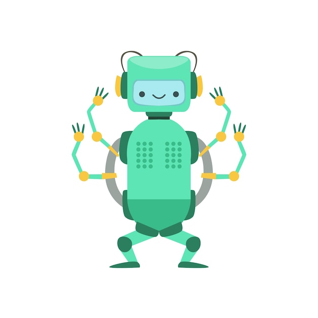 Carácter de robot Android amigable verde con ilustración de dibujos animados de vector de cuatro brazos