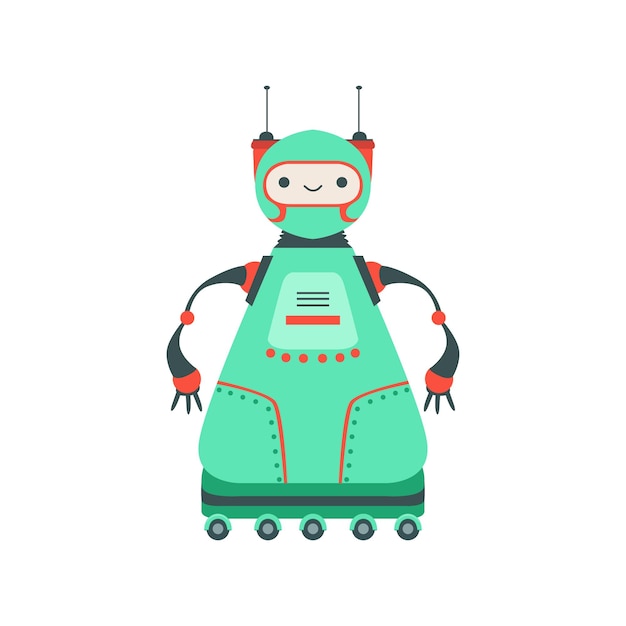 Carácter de robot Android amigable verde en seis ruedas Vector Ilustración de dibujos animados