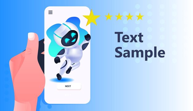 Carácter robótico dejando revisión calificación de cinco estrellas en la pantalla del teléfono inteligente retroalimentación concepto de tecnología de inteligencia artificial horizontal ilustración vectorial de longitud completa