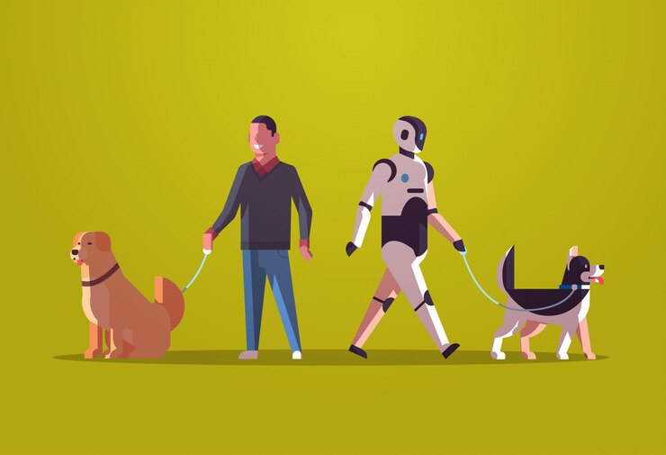 Vector carácter robótico y hombre caminando con perros robot vs humano de pie junto con mascotas concepto de tecnología de inteligencia artificial plana de longitud completa horizontal