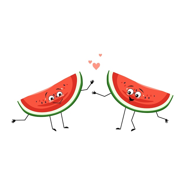 Carácter de sandía con emociones de amor, cara de sonrisa, brazos y piernas. Persona con expresión feliz, emoticono de frutas o bayas. Ilustración plana vectorial