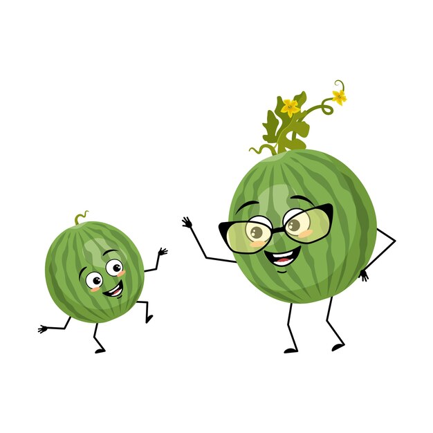 Carácter de sandía redonda a rayas verdes con emoción feliz cara alegre Persona con expresión emoticono de fruta Abuela con gafas y nieto bailando Vector ilustración plana