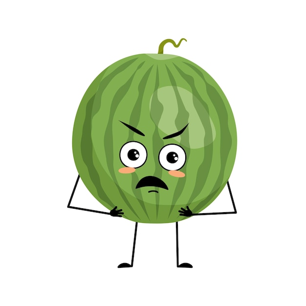 Carácter de sandía redonda a rayas verdes con emociones enojadas cara gruñona ojos furiosos brazos y piernas Persona con expresión irritada emoticono de fruta Vector ilustración plana
