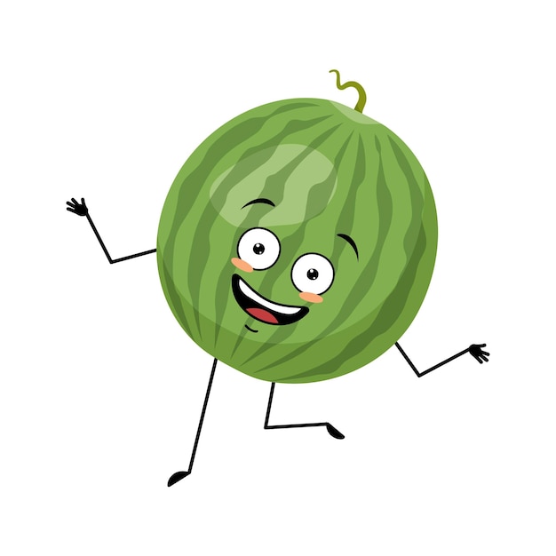 Vector carácter de sandía redonda a rayas verdes con loca emoción feliz cara alegre sonrisa ojos bailando brazos y piernas persona con expresión feliz emoticono de fruta o baya vector ilustración plana