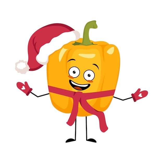 Vector carácter de santa pimienta con emoción feliz, cara alegre, ojos sonrientes, brazos y piernas con bufanda y guantes. persona vegetal con expresión, comida naranja para navidad y año nuevo.