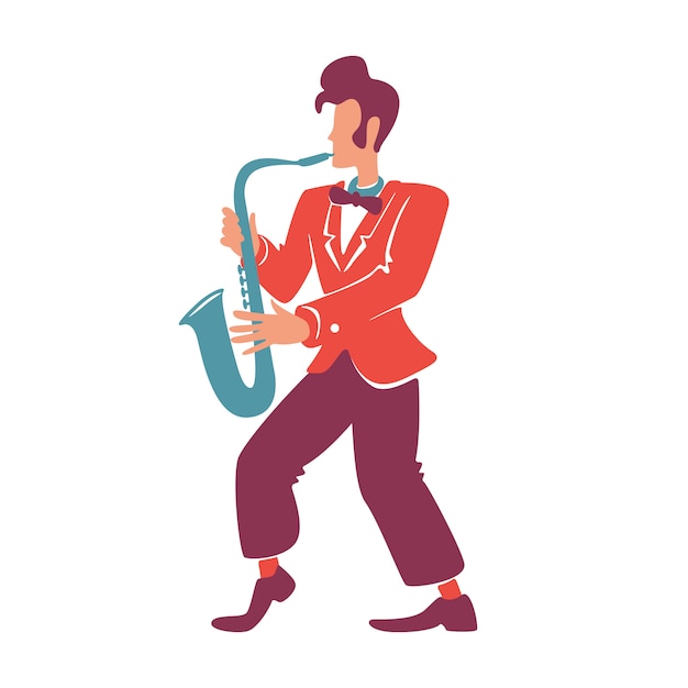 Carácter saxofonista elegante color plano vector sin rostro.