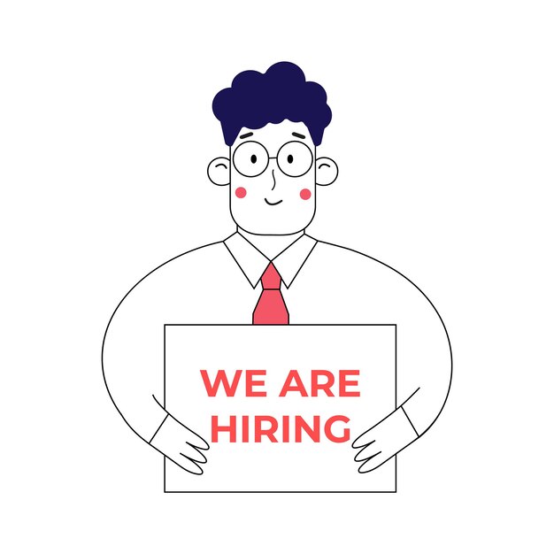 El carácter simple es la contratación de empleados. Banner que estamos contratando. Personas que buscan personal, lean el cv. Vector arte de línea de moda
