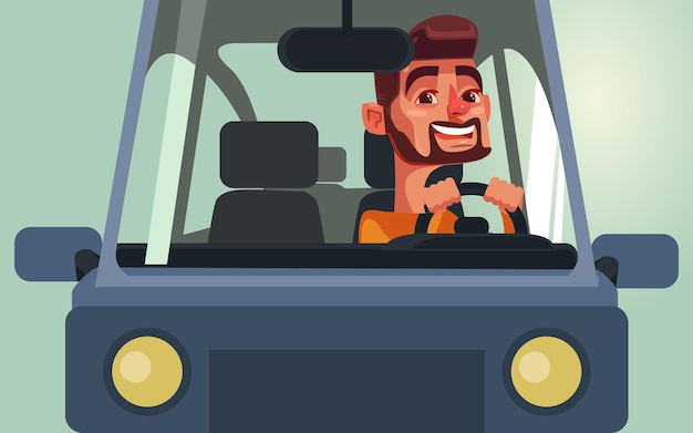 Carácter sonriente feliz del hombre que conduce el coche.