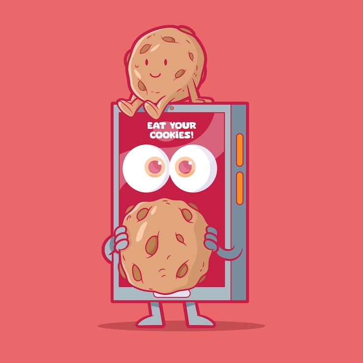 Vector carácter de teléfono inteligente comiendo galletas ilustración vectorial concepto de diseño digital de privacidad tecnológica
