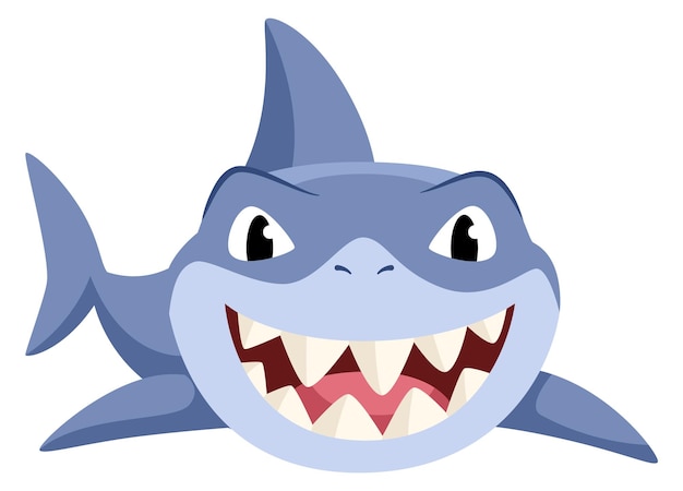 Vector carácter de tiburón con dientes animal de dibujos animados mascota del océano aislada sobre fondo blanco