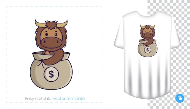 Carácter de toro lindo. Estampados en camisetas, sudaderas, fundas para teléfonos móviles, souvenirs. Ilustración de vector aislado sobre fondo blanco.