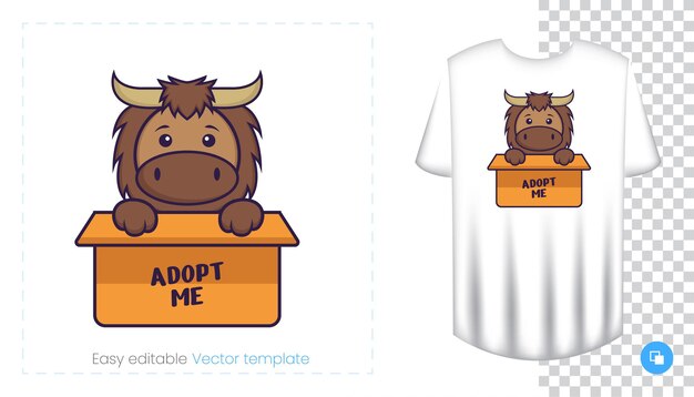 Carácter de toro lindo. Estampados en camisetas, sudaderas, fundas para teléfonos móviles, souvenirs. Ilustración de vector aislado sobre fondo blanco.