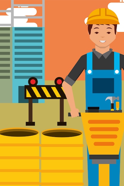 carácter de trabajador de construcción y barriles de martillo neumático y equipo barier