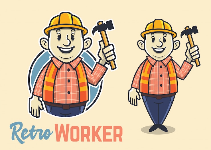 Vector carácter de trabajador de construcción gordo retro, mascota de constructor vintage, hombre divertido y adorable