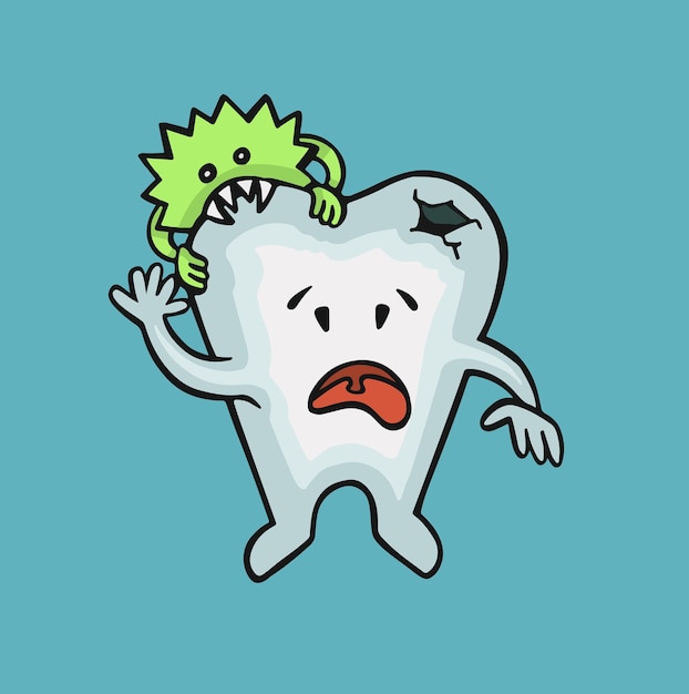 carácter triste diente roto debido a la caries monstruo higiene oral vector de color completo