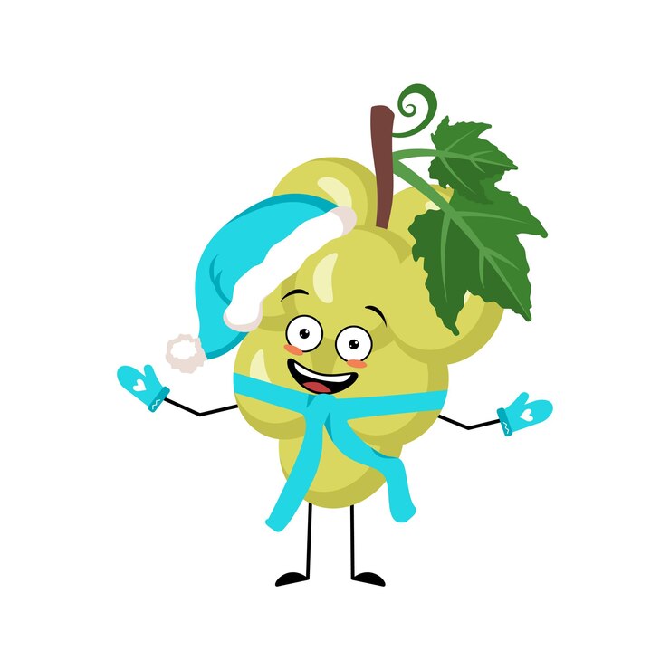 Vector carácter de uva con emoción feliz en el sombrero de santa, cara alegre, ojos sonrientes, brazos y piernas. persona con emoticono de expresión, baya o fruta. ilustración plana vectorial