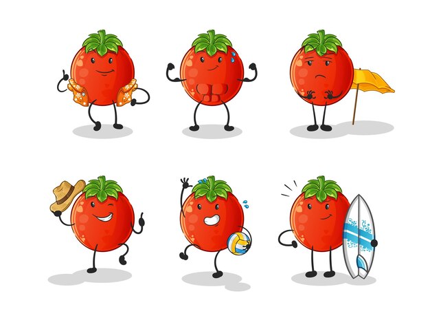 Carácter de vacaciones en la playa de tomate. vector de mascota de dibujos animados