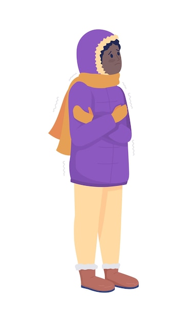 Carácter de vector de color semi plano de niño congelado. Figura infantil. Persona de cuerpo completo en blanco. Situaciones comunes en invierno aisladas ilustración de estilo de dibujos animados modernos para diseño gráfico y animación