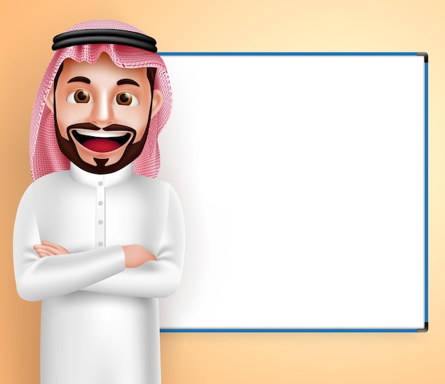 Carácter de vector de hombre árabe saudí usando thobe hablando con pizarra en blanco en el fondo