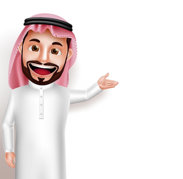 Vector carácter de vector de hombre árabe saudita usando thobe feliz mostrando espacio en blanco vacío para mensaje y texto