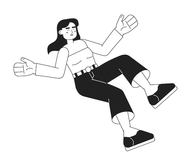 Carácter de vector plano monocromático de mujer joven que cae Línea delgada editable cuerpo completo dama caucásica feliz en blanco Imagen de punto de dibujos animados bw simple para diseño gráfico web