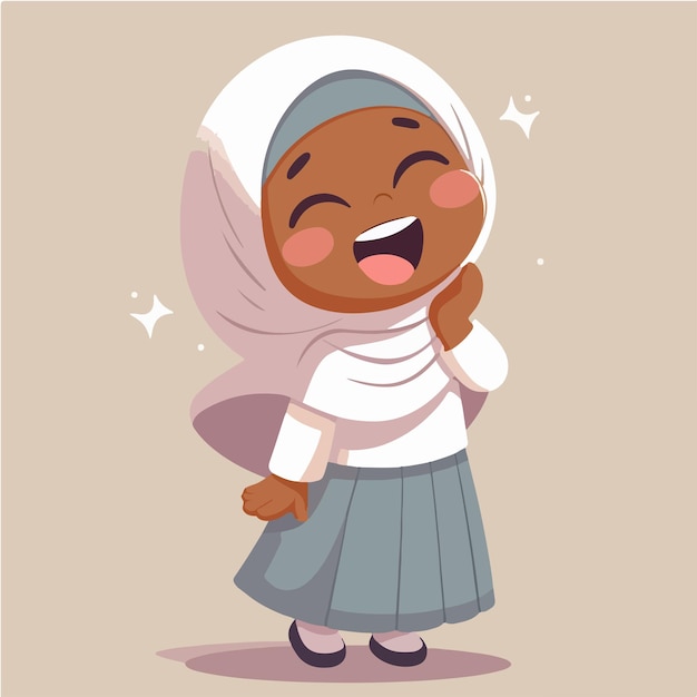 Carácter vectorial de una alegre muchacha musulmana que usa un hijab con un estilo de diseño plano simple