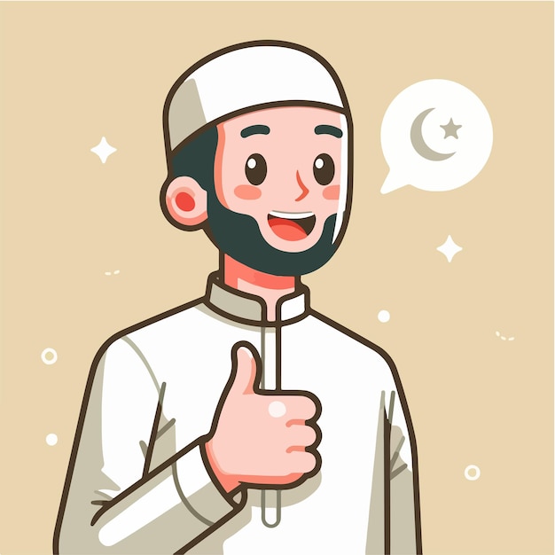 Carácter vectorial de un chico musulmán expresando un pulgar hacia arriba en un estilo de diseño plano