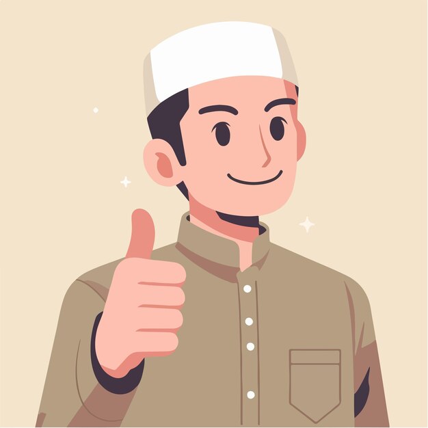 Carácter vectorial de un chico musulmán expresando un pulgar hacia arriba en un estilo de diseño plano