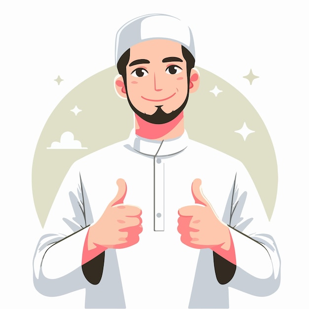 Carácter vectorial de un chico musulmán expresando un pulgar hacia arriba en un estilo de diseño plano