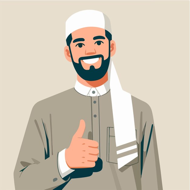 Carácter vectorial de un chico musulmán expresando un pulgar hacia arriba en un estilo de diseño plano