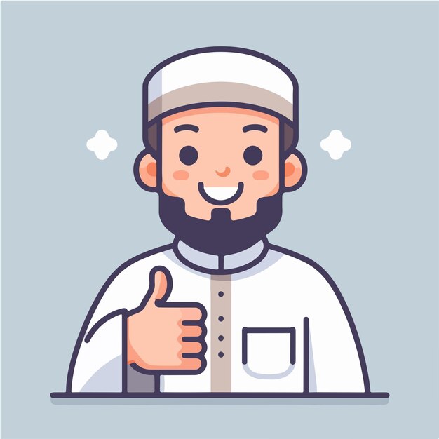 Carácter vectorial de un chico musulmán expresando un pulgar hacia arriba en un estilo de diseño plano