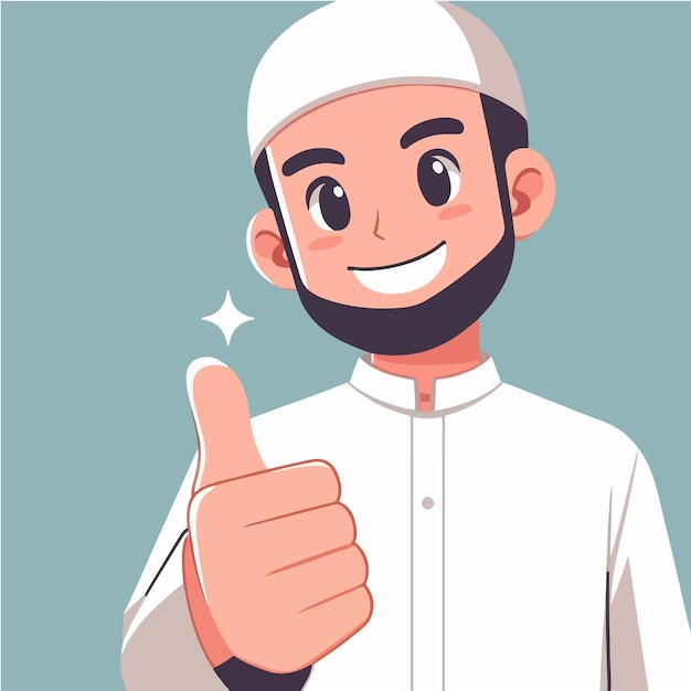 Carácter vectorial de un chico musulmán expresando un pulgar hacia arriba en un estilo de diseño plano