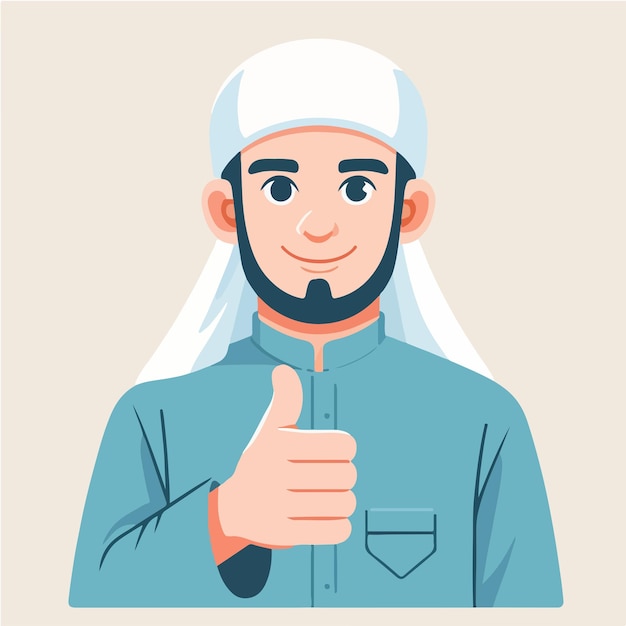 Carácter vectorial de un chico musulmán expresando un pulgar hacia arriba en un estilo de diseño plano
