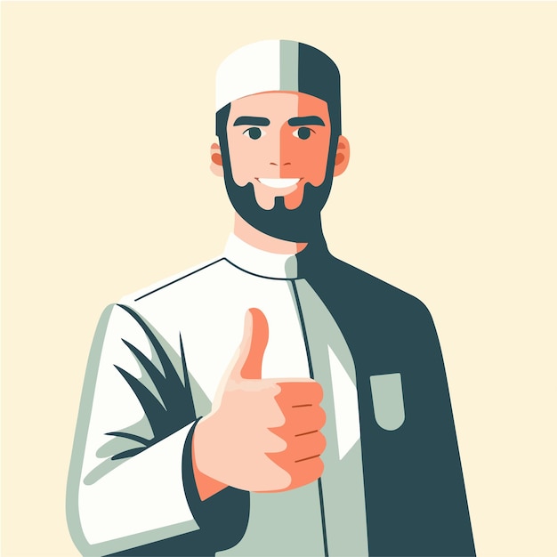 Vector carácter vectorial de un chico musulmán expresando un pulgar hacia arriba en un estilo de diseño plano
