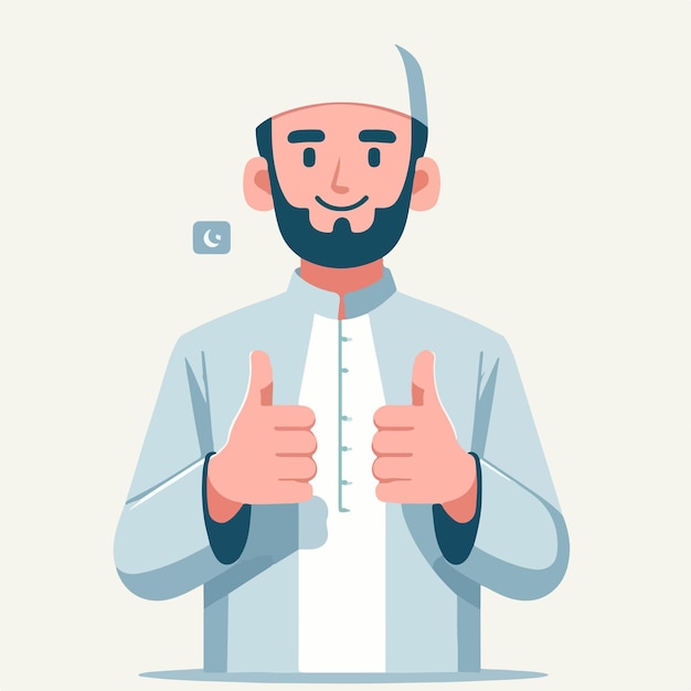 Carácter vectorial de un chico musulmán expresando un pulgar hacia arriba en un estilo de diseño plano
