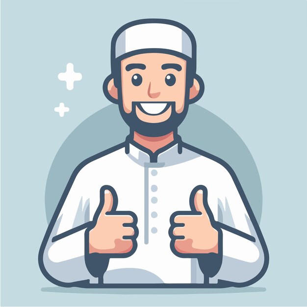 Carácter vectorial de un chico musulmán expresando un pulgar hacia arriba en un estilo de diseño plano