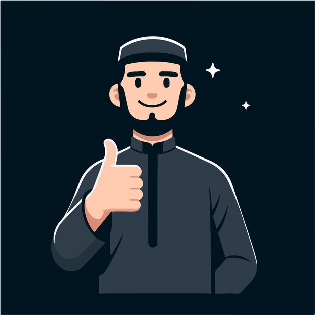 Carácter vectorial de un chico musulmán expresando un pulgar hacia arriba en un estilo de diseño plano