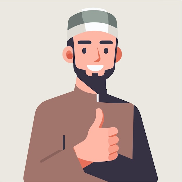 Carácter vectorial de un chico musulmán expresando un pulgar hacia arriba en un estilo de diseño plano