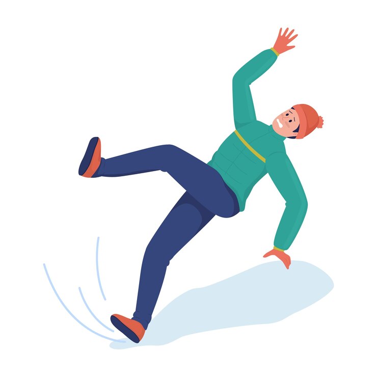 Vector carácter vectorial de color semiplano de hombre que cae figura masculina persona de cuerpo completo en blanco clima resbaladizo en invierno aislado ilustración de estilo de dibujos animados moderno para diseño gráfico y animación